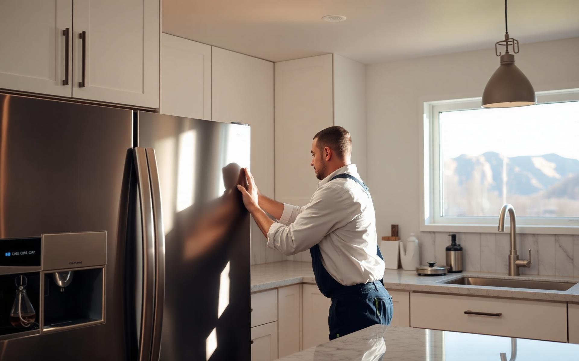 Technician repairing a stainless steel refrigerator in a Utah kitchen